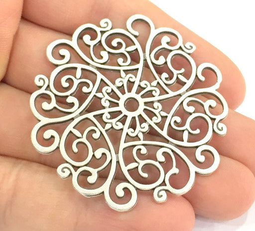 Patterned  Pendants (50mm) Antique Silver Plated Metal  G4929