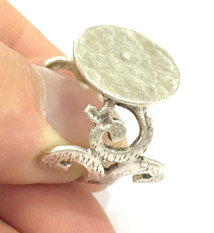 Adjustable Ring Blank, (15mm blank ) Antique Silver Plated Brass G4961