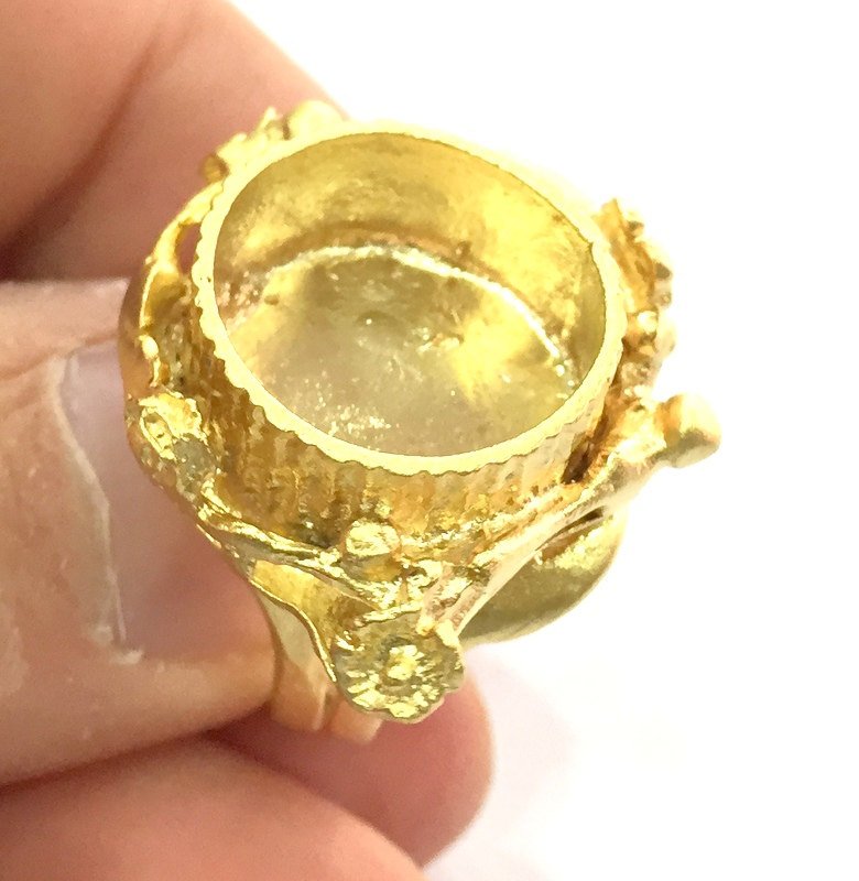 Gold Ring Blank Base Bezel Settings  Cabochon Base Mountings Adjustable  (16mm blank ) Gold Plated Brass G5065