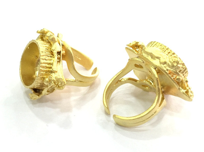 Gold Ring Blank Base Bezel Settings  Cabochon Base Mountings Adjustable  (16mm blank ) Gold Plated Brass G5065