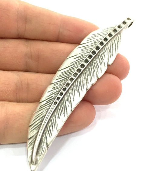 Large Feather Pendant (94x20mm) Antique Silver Plated Metal  G5056