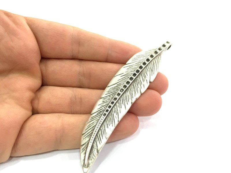 Large Feather Pendant (94x20mm) Antique Silver Plated Metal  G5056