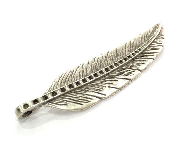 Large Feather Pendant (94x20mm) Antique Silver Plated Metal  G5056
