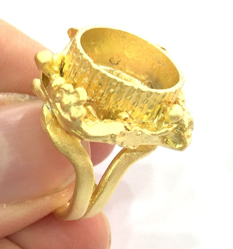 Gold Ring Blank Base Bezel Settings  Cabochon Base Mountings Adjustable  (16mm blank ) Gold Plated Brass G5065