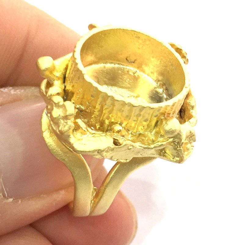 Gold Ring Blank Base Bezel Settings  Cabochon Base Mountings Adjustable  (16mm blank ) Gold Plated Brass G5065