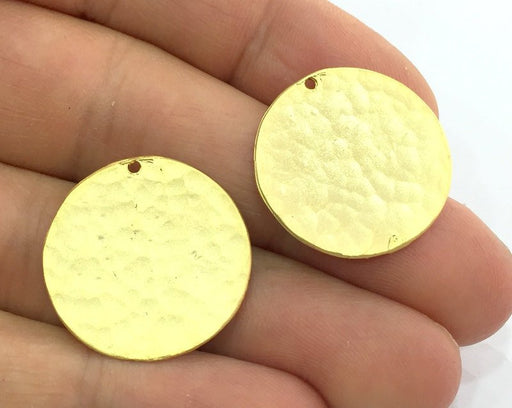 2 Gold Charms Gold Plated Brass Hammered Stamp circle Charm 2 Pcs (24mm)    G13368