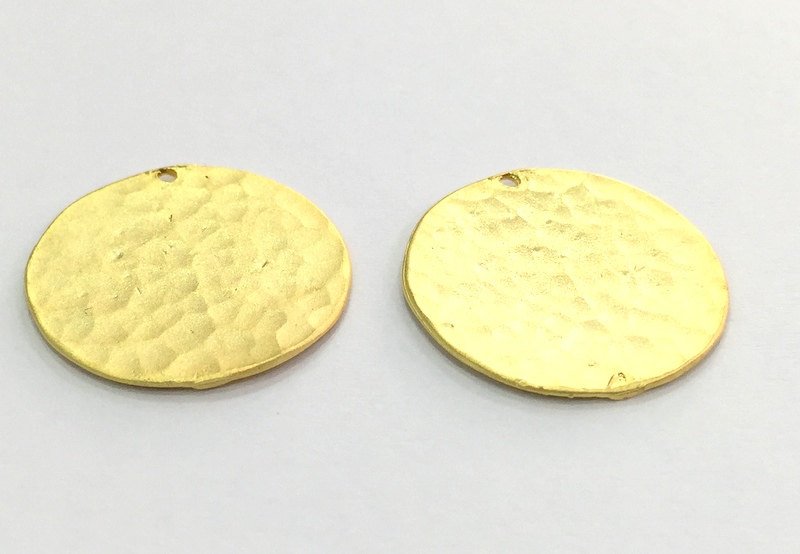 2 Gold Charms Gold Plated Brass Hammered Stamp circle Charm 2 Pcs (24mm)    G13368