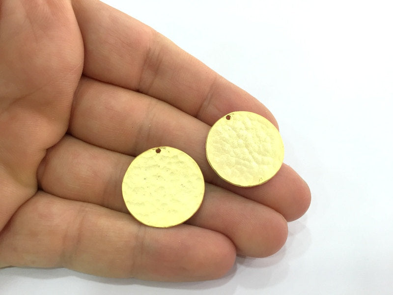 2 Gold Charms Gold Plated Brass Hammered Stamp circle Charm 2 Pcs (24mm)    G13368
