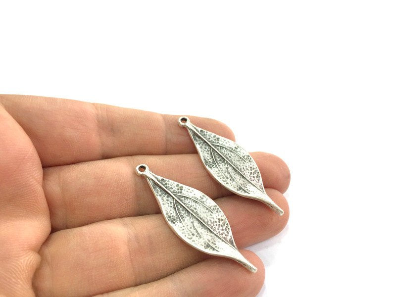 10 Pcs Antique Silver Plated Metal Leaf Pendant 47x15mm   G5183