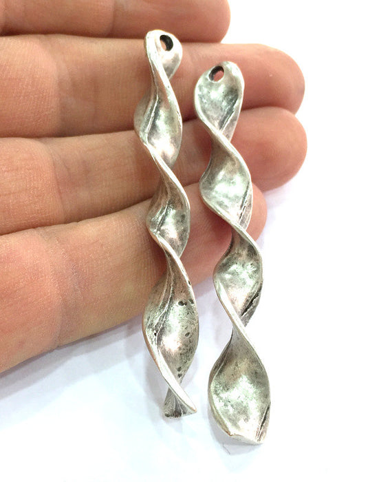 2 Twisted Pendant Antique Silver Plated Metal Leaf Pendant 68x7mm   G13956