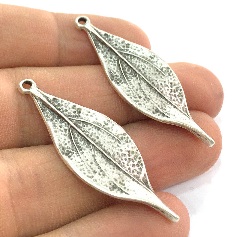 10 Pcs Antique Silver Plated Metal Leaf Pendant 47x15mm   G5183