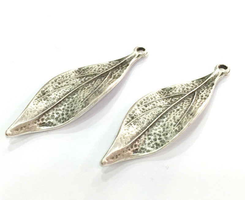 10 Pcs Antique Silver Plated Metal Leaf Pendant 47x15mm   G5183