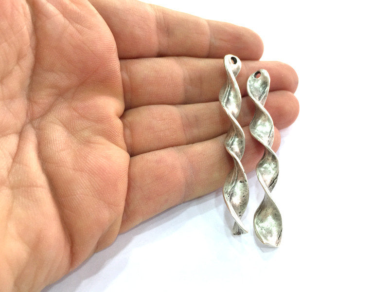 2 Twisted Pendant Antique Silver Plated Metal Leaf Pendant 68x7mm   G13956