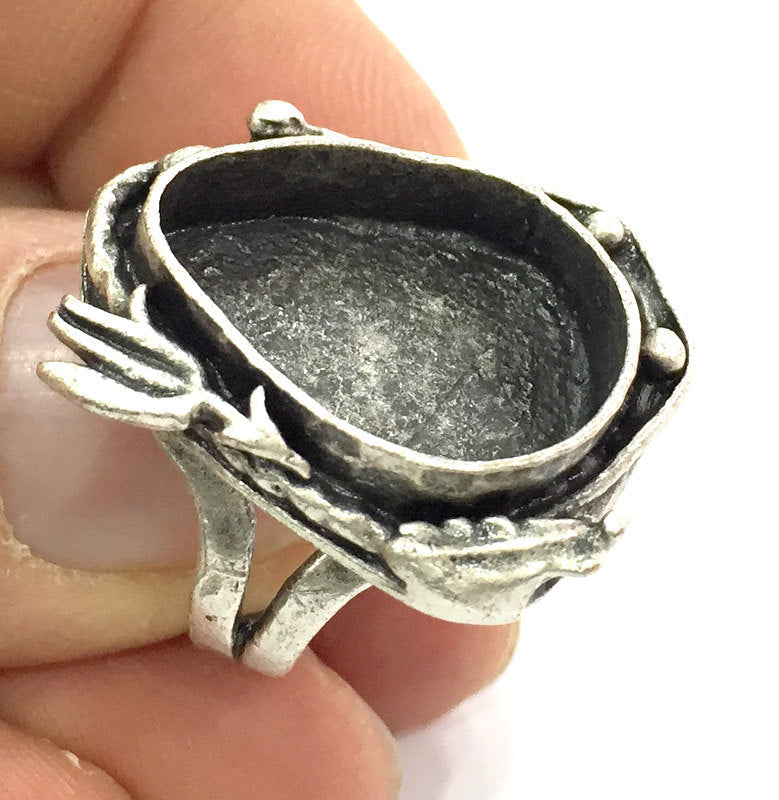 Adjustable Ring Blank, (20x15 mm drop blank ) Antique Silver Plated Brass G5212