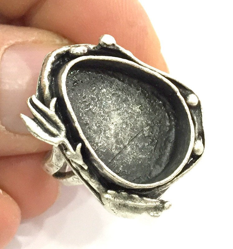 Adjustable Ring Blank, (20x15 mm drop blank ) Antique Silver Plated Brass G5212