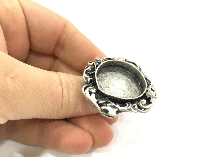 Silver Ring Blank Ring Settings Ring Bezel Base Cabochon Mountings Adjustable  (25mm blank ) Antique Silver Plated Brass G5214