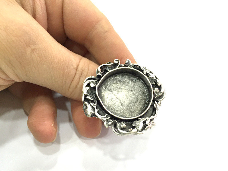 Silver Ring Blank Ring Settings Ring Bezel Base Cabochon Mountings Adjustable  (25mm blank ) Antique Silver Plated Brass G5214