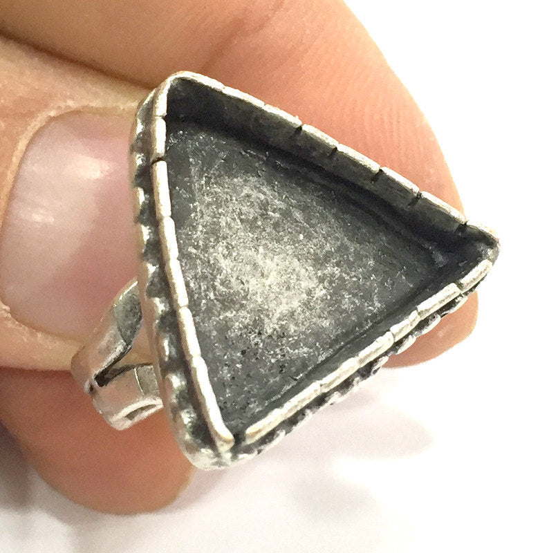 Silver Ring Blank Ring Settings Bezel Base Cabochon Mountings Adjustable (20x20x20 mm triangle blank ) Antique Silver Plated Brass G5237