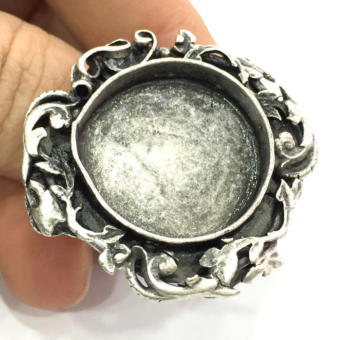 Silver Ring Blank Ring Settings Ring Bezel Base Cabochon Mountings Adjustable  (25mm blank ) Antique Silver Plated Brass G5214