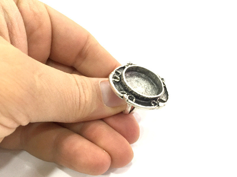 Silver Ring Blank Ring Settings Ring Bezel Base Cabochon Mountings Adjustable  (20 mm blank ) Antique Silver Plated Brass G5223