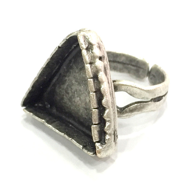 Silver Ring Blank Ring Settings Bezel Base Cabochon Mountings Adjustable (20x20x20 mm triangle blank ) Antique Silver Plated Brass G5237