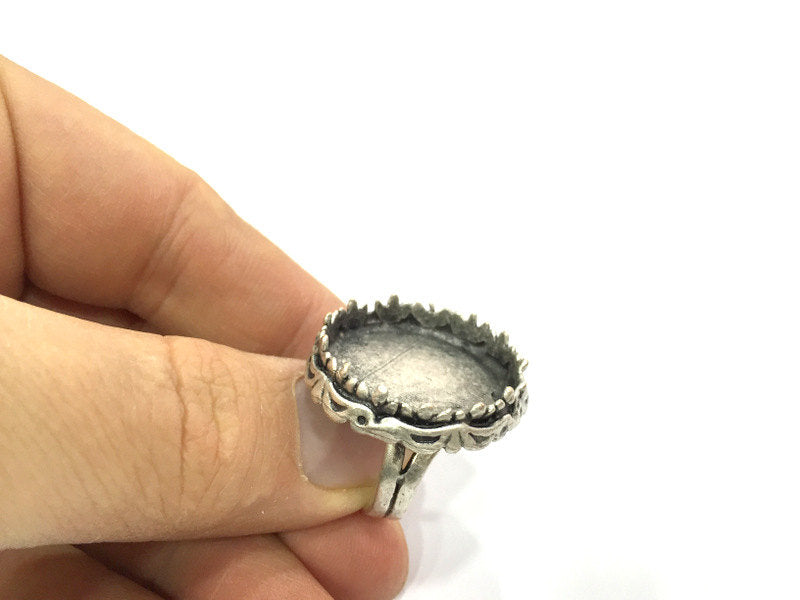 Silver Ring Setting Blank Resin Ring Cabochon Base inlay Ring Mounting Adjustable Ring Bezel (25 mm round)Antique Silver Plated Brass G5241