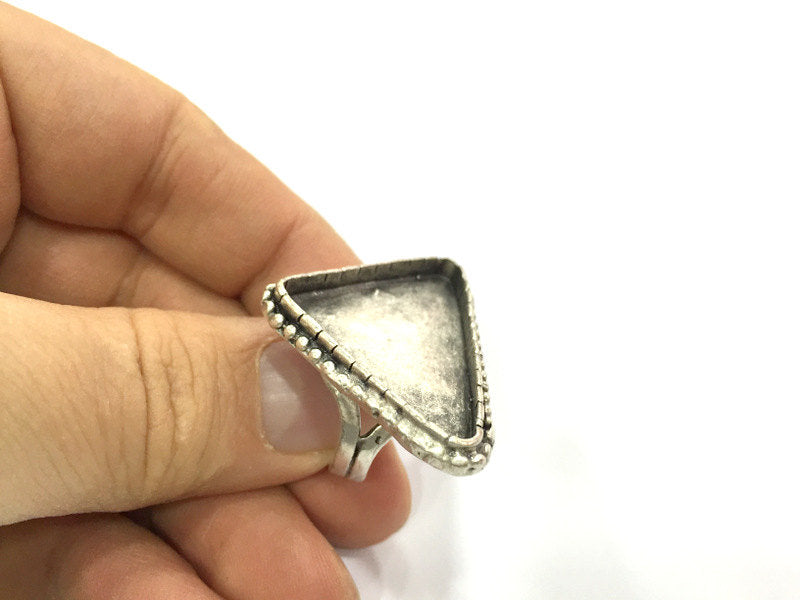 Silver Ring Blank Base Bezel Settings  Cabochon Base Mountings Adjustable (25x25x35mm triangle blank ) Antique Silver Plated Brass G5244