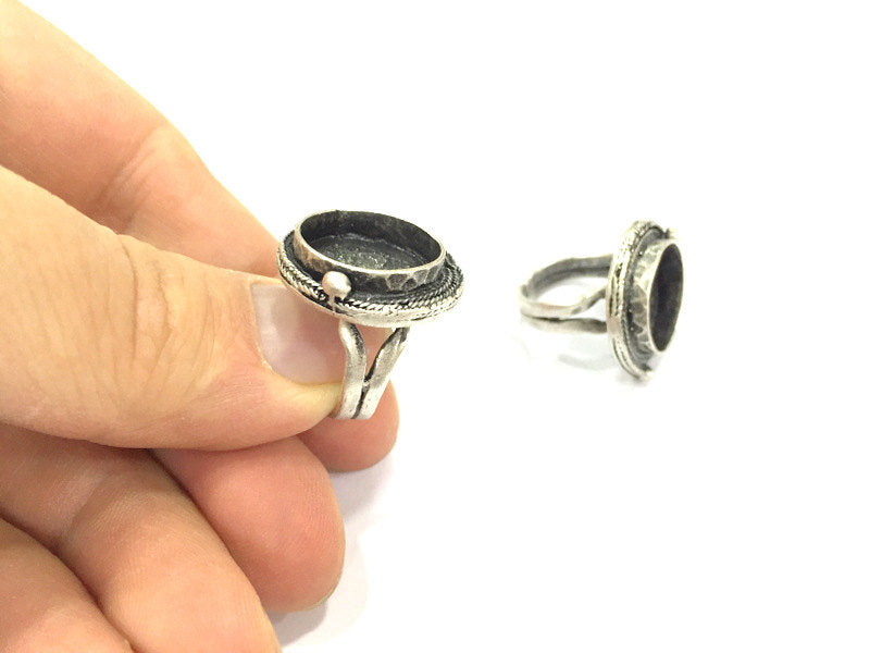 Silver Ring Settings Ring Blank Ring Bezel Base Cabochon Mountings Adjustable  (16 mm blank ) Antique Silver Plated Brass G5255