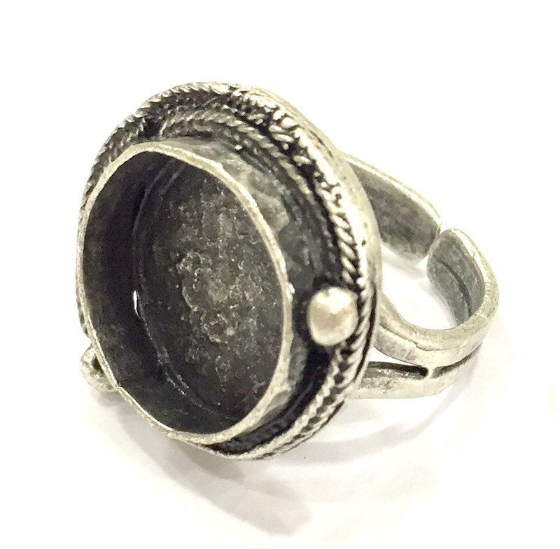 Silver Ring Settings Ring Blank Ring Bezel Base Cabochon Mountings Adjustable  (16 mm blank ) Antique Silver Plated Brass G5255