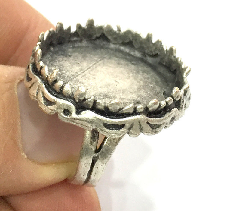 Silver Ring Setting Blank Resin Ring Cabochon Base inlay Ring Mounting Adjustable Ring Bezel (25 mm round)Antique Silver Plated Brass G5241