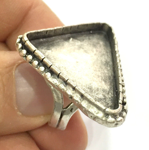 Silver Ring Blank Base Bezel Settings  Cabochon Base Mountings Adjustable (25x25x35mm triangle blank ) Antique Silver Plated Brass G5244