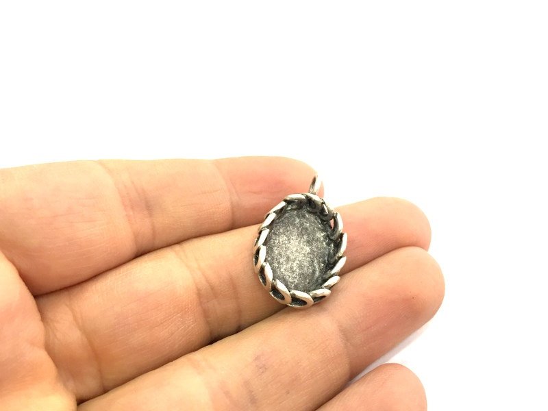 Silver Pendant Blank Base Setting Necklace Blank Mountings Oxidized Silver Plated Brass  (18x13 mm blank) G5266