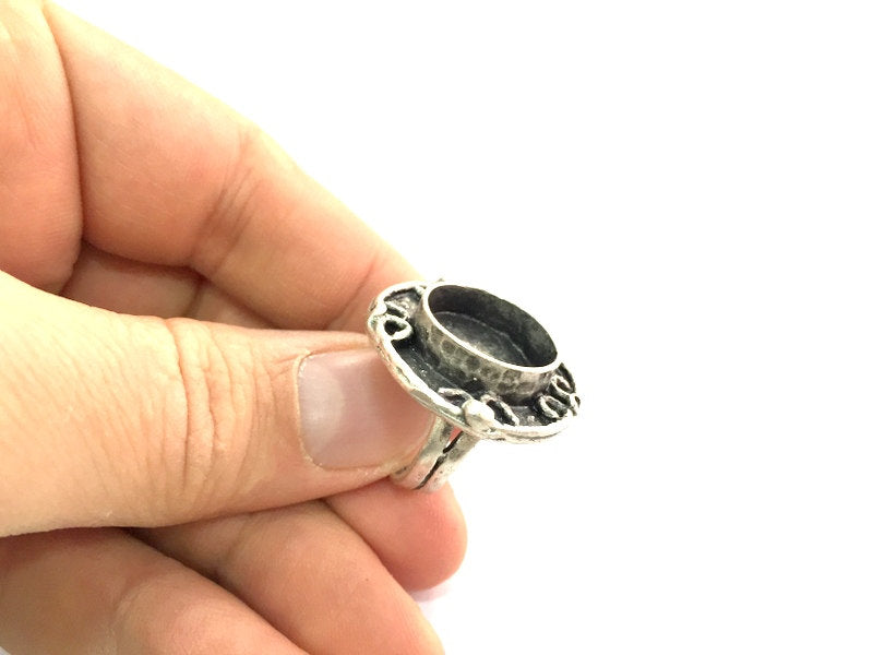 Silver Ring Blank Ring Settings Ring Bezel Base Cabochon Mountings Adjustable (16 mm blank ) Antique Silver Plated Brass G16684