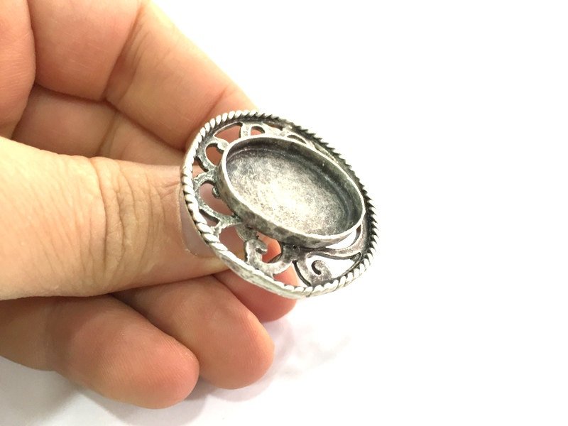 Silver Ring Blank Ring Settings Ring Bezel Base Cabochon Mountings Adjustable , (25x18mm blank ) Antique Silver Plated Brass G5293