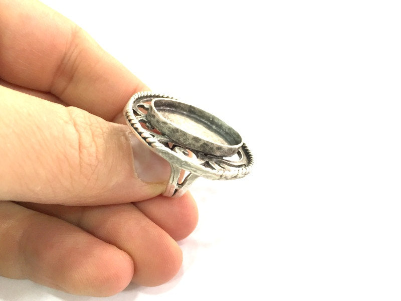 Silver Ring Blank Ring Settings Ring Bezel Base Cabochon Mountings Adjustable , (25x18mm blank ) Antique Silver Plated Brass G5293