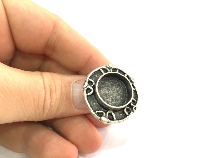 Silver Ring Blank Ring Settings Ring Bezel Base Cabochon Mountings Adjustable (16 mm blank ) Antique Silver Plated Brass G16684