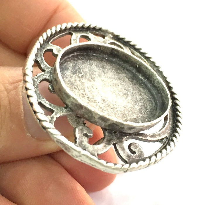 Silver Ring Blank Ring Settings Ring Bezel Base Cabochon Mountings Adjustable , (25x18mm blank ) Antique Silver Plated Brass G5293