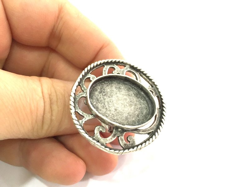 Silver Ring Blank Ring Settings Ring Bezel Base Cabochon Mountings Adjustable , (25x18mm blank ) Antique Silver Plated Brass G5293