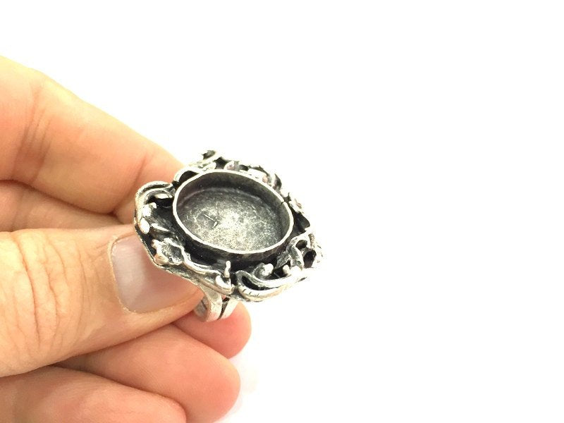 Silver Ring Blank Ring Settings Ring Bezel Base Cabochon Mountings Adjustable  (18mm blank ) Antique Silver Plated Brass G5304