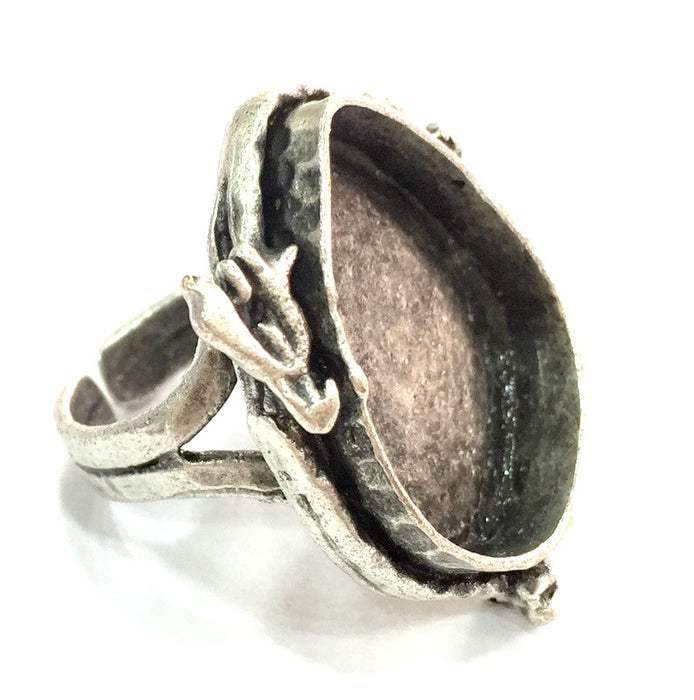 Silver Ring Blank Ring Settings Ring Bezel Base Cabochon Mountings Adjustable  (25x18mm drop blank ) Antique Silver Plated Brass G5309