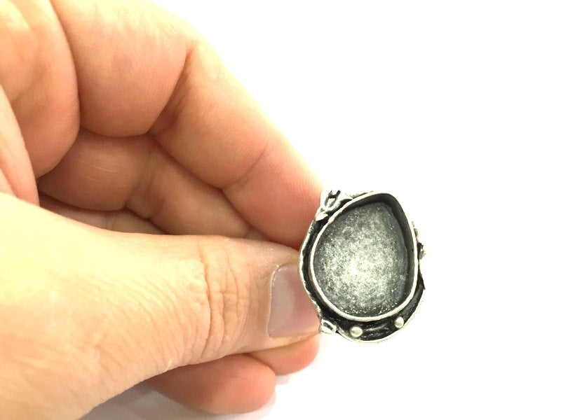 Silver Ring Blank Ring Settings Ring Bezel Base Cabochon Mountings Adjustable  (25x18mm drop blank ) Antique Silver Plated Brass G5309