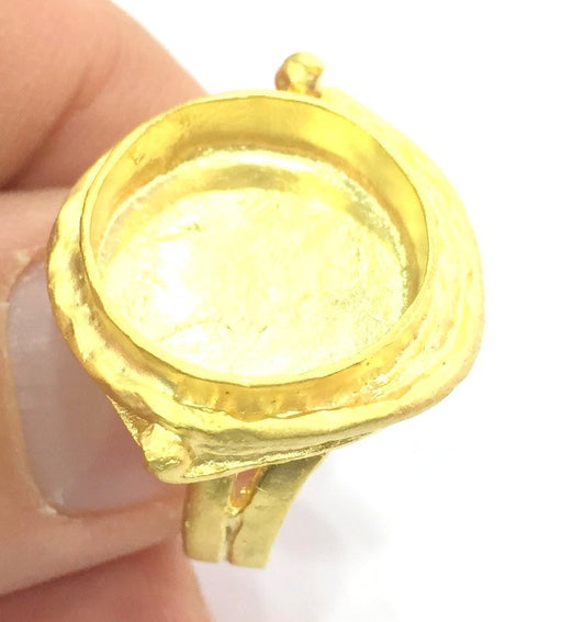 Gold Ring Settings Ring Blank Ring Bezel Base Cabochon Mountings Adjustable  (16mm blank ) Gold Plated Brass G5333