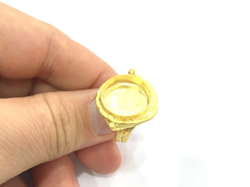 Gold Ring Settings Ring Blank Ring Bezel Base Cabochon Mountings Adjustable  (16mm blank ) Gold Plated Brass G5333