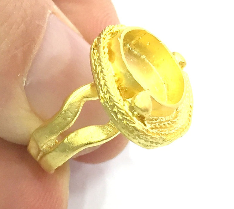Gold Ring Settings Ring Blank Ring Bezel Base Cabochon Mountings Adjustable (10mm blank )  Gold Plated Brass G5366