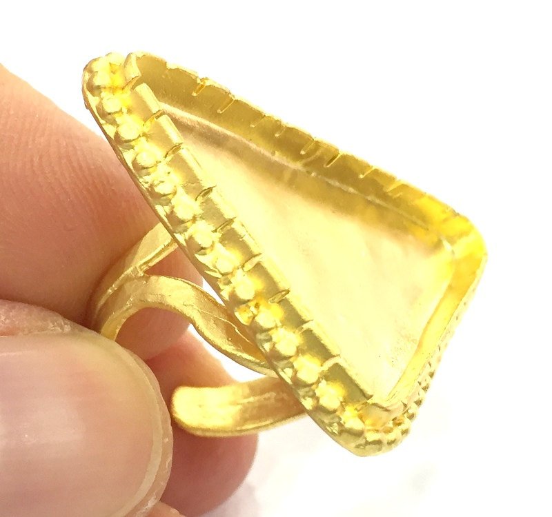 Gold Ring Settings Ring Blank Ring Bezel Base Cabochon Mountings Adjustable (35x30x30mm triangle blank )  Gold Plated Brass G5384
