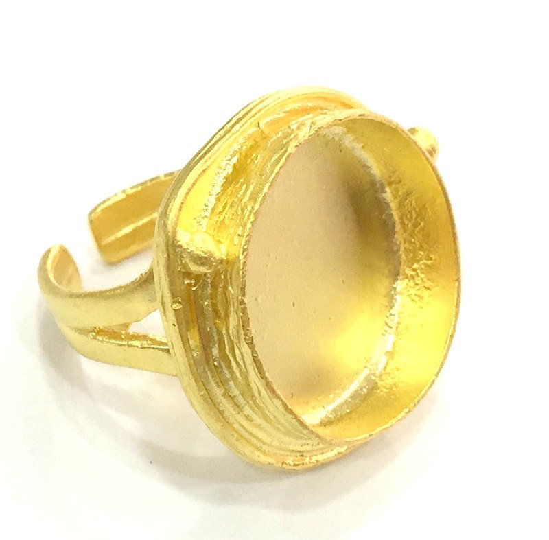 Gold Ring Blank Ring Settings Ring Bezel Base Cabochon Mountings Adjustable (20mm blank )  Gold Plated Brass G5394