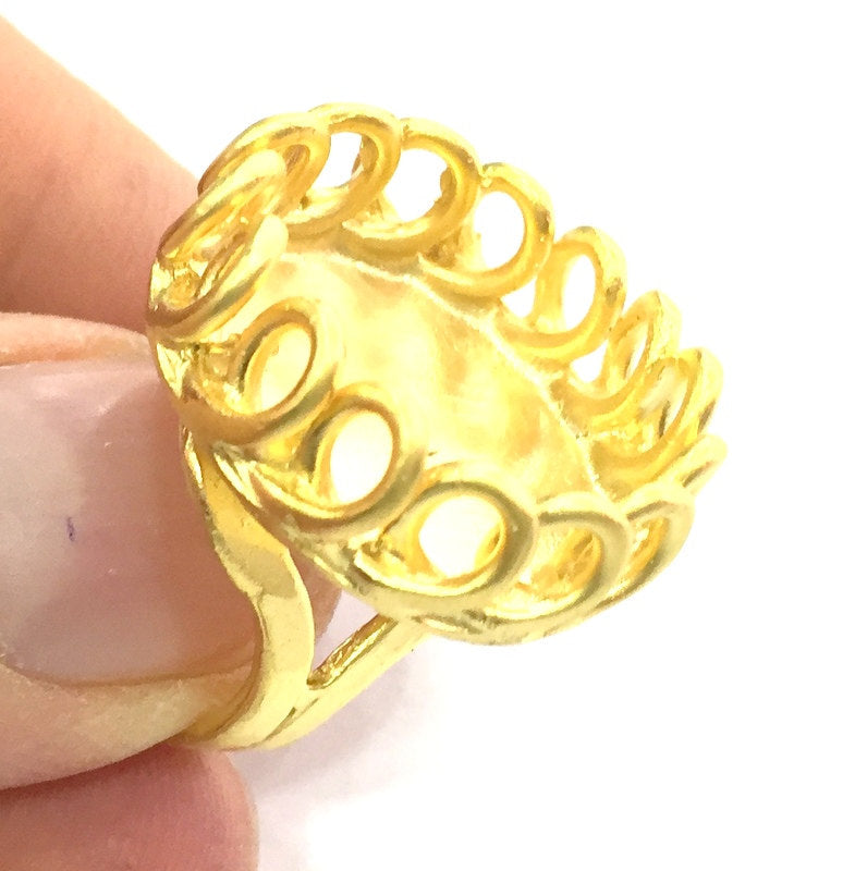 Gold Ring Blank Ring Settings Ring Bezel Base Cabochon Mountings Adjustable (20mm blank )  Gold Plated Brass G5408