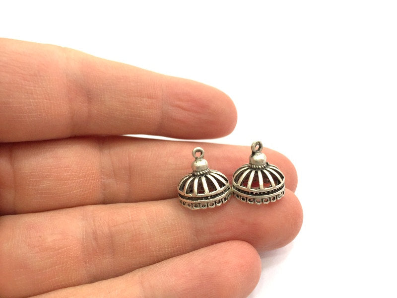 4 Birdcage Charms Antique Silver Plated Brass  (15x13mm)  G5707