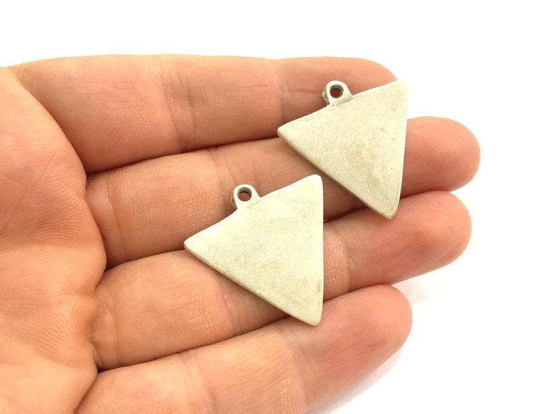 2 Silver Charm Antique Silver Plated Triangle Charms 2 Pcs (30x30mm)  G5808