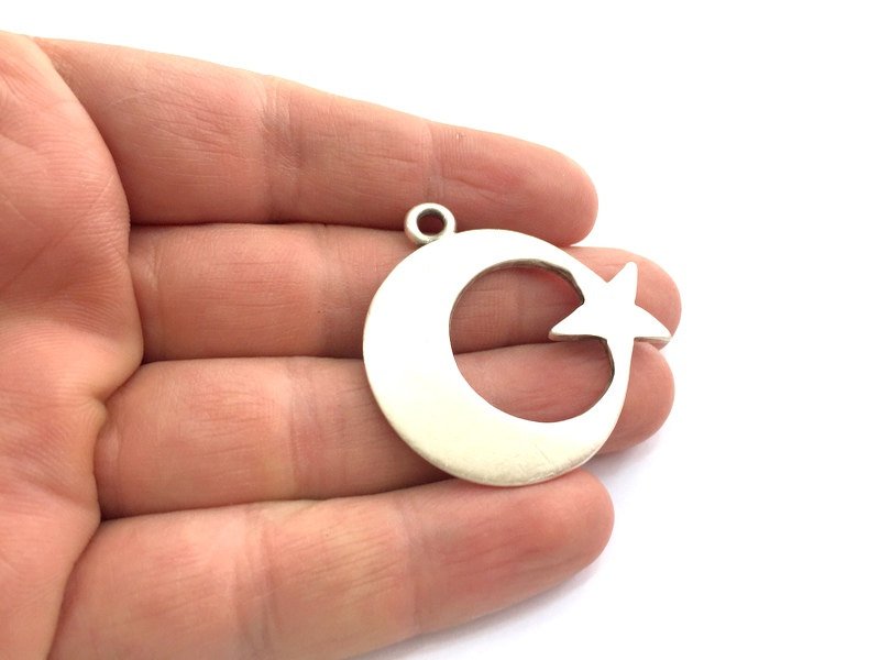 Moon and Star Pendant Antique Silver Pendants (44mm) Antique Silver Plated Metal  G5845